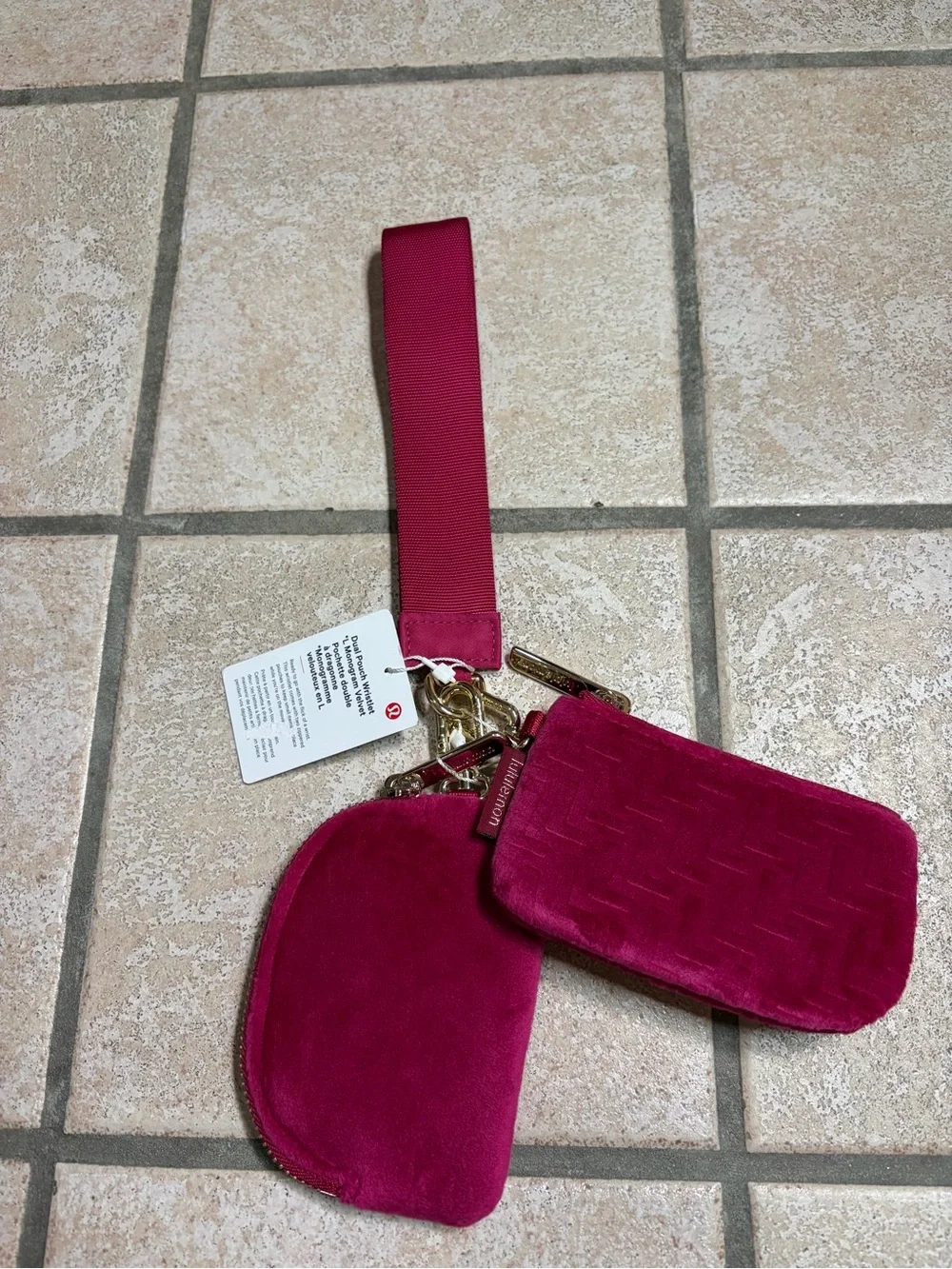 NWT Lululemon Dual Pouch Wristlet *Monogram Velvet (Berry Rumble/Gold)